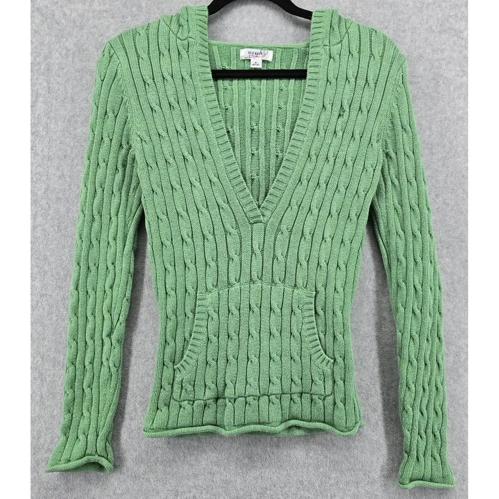 Vtg Y2K Old Navy Cable Knit Sweater Sz M Deep V-Neck‎ Green Long Sleeve Slim Fit